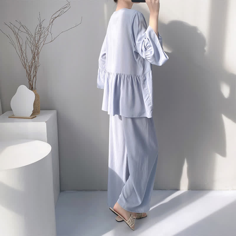 Solid V-Neck Lace Trim Pajama Set - image 10