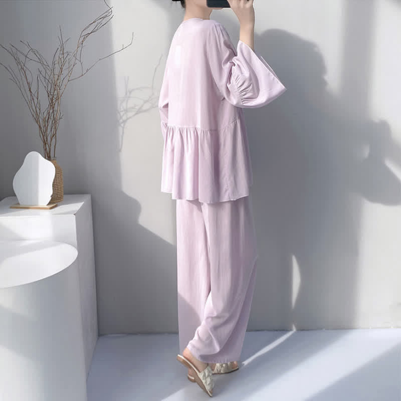 Solid V-Neck Lace Trim Pajama Set - image 5