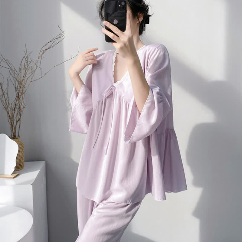 Solid V-Neck Lace Trim Pajama Set - image 4