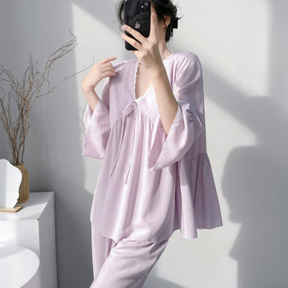 Solid V-Neck Lace Trim Pajama Set - image 4