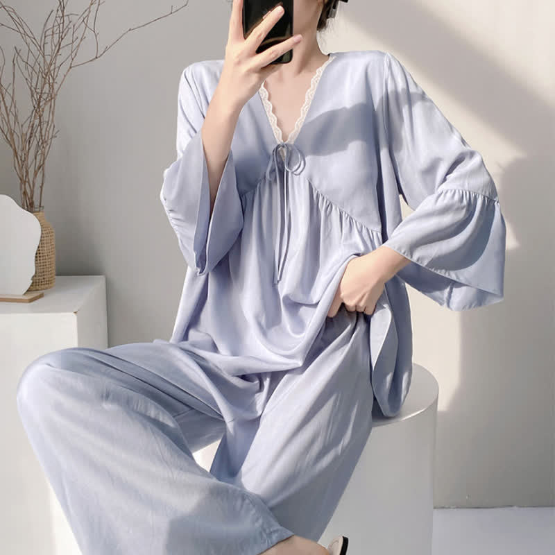Solid V-Neck Lace Trim Pajama Set - image 8