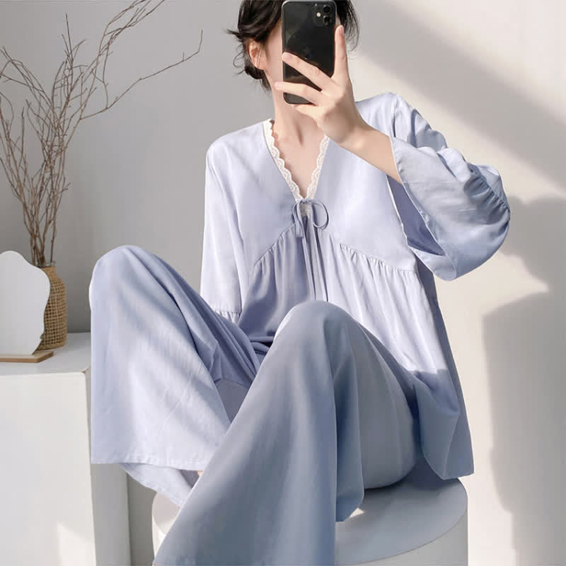 Solid V-Neck Lace Trim Pajama Set - image 7