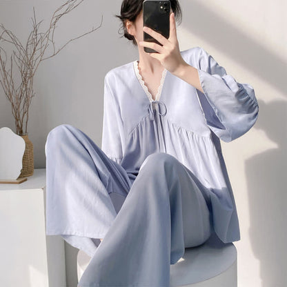 Solid V-Neck Lace Trim Pajama Set - image 7
