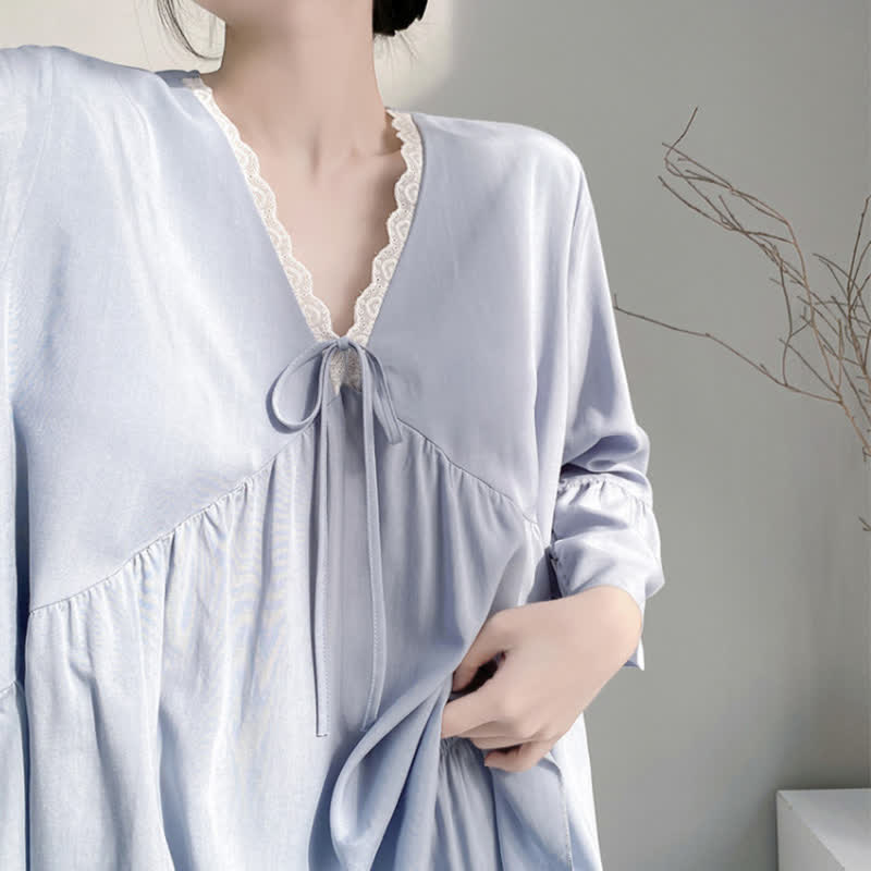 Solid V-Neck Lace Trim Pajama Set - image 11