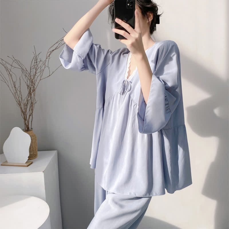 Solid V-Neck Lace Trim Pajama Set - image 9