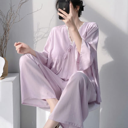 Solid V-Neck Lace Trim Pajama Set - image 2