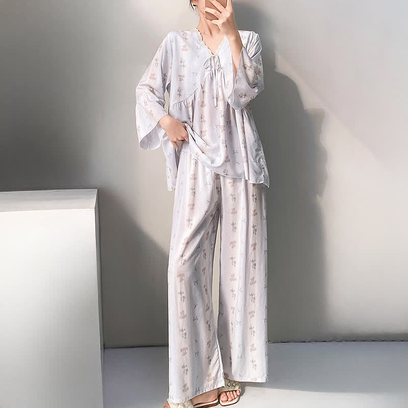 Floral & Bow V-Neck Lace Trim Pajama Set - image 2