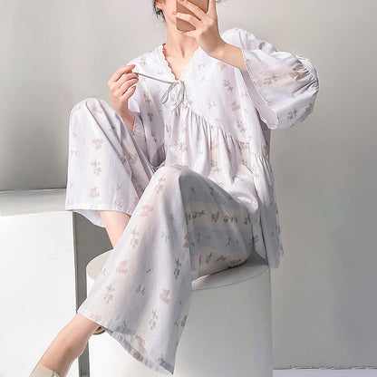 Floral & Bow V-Neck Lace Trim Pajama Set - image 5