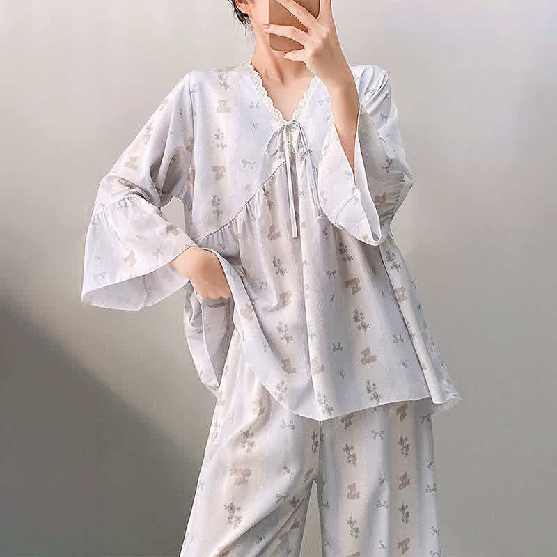 Floral & Bow V-Neck Lace Trim Pajama Set - image 1