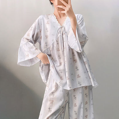 Floral & Bow V-Neck Lace Trim Pajama Set - image 1