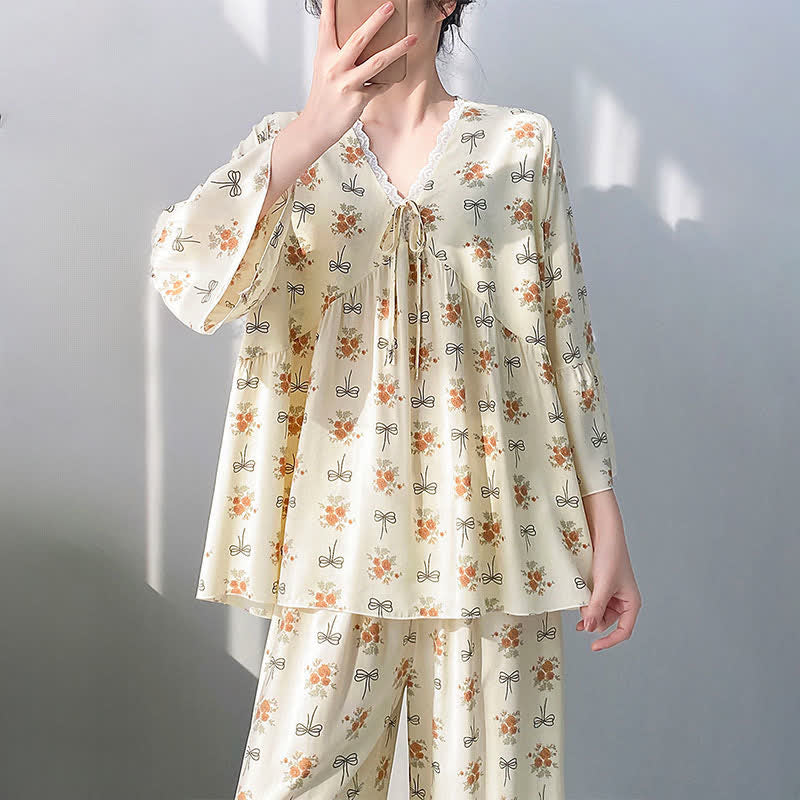 Rustic Floral & Bow Lace Trim Pajamas - image 1
