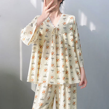 Rustic Floral & Bow Lace Trim Pajamas - image 1