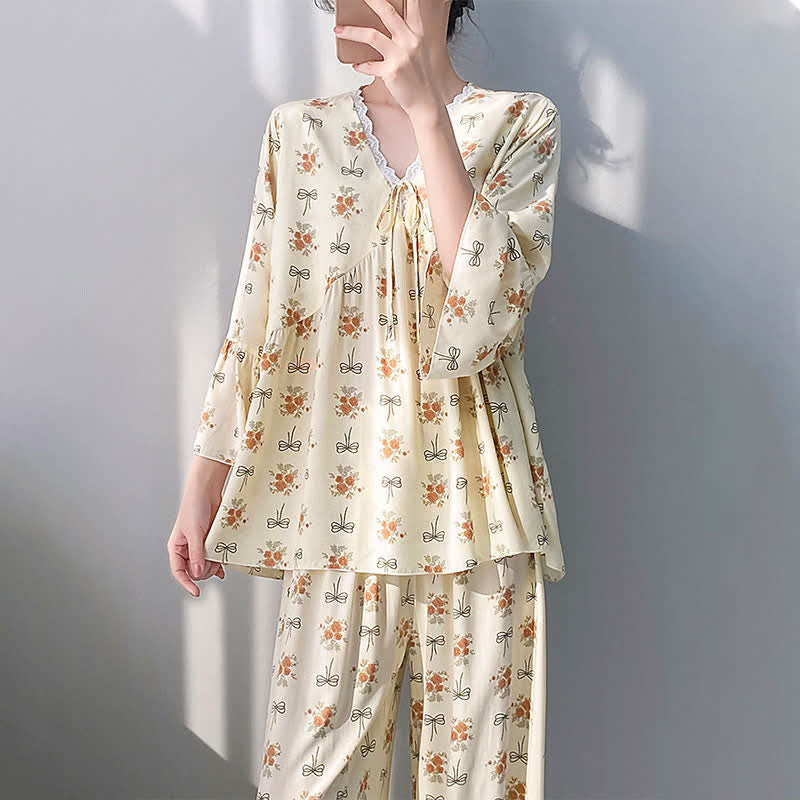 Rustic Floral & Bow Lace Trim Pajamas - image 2