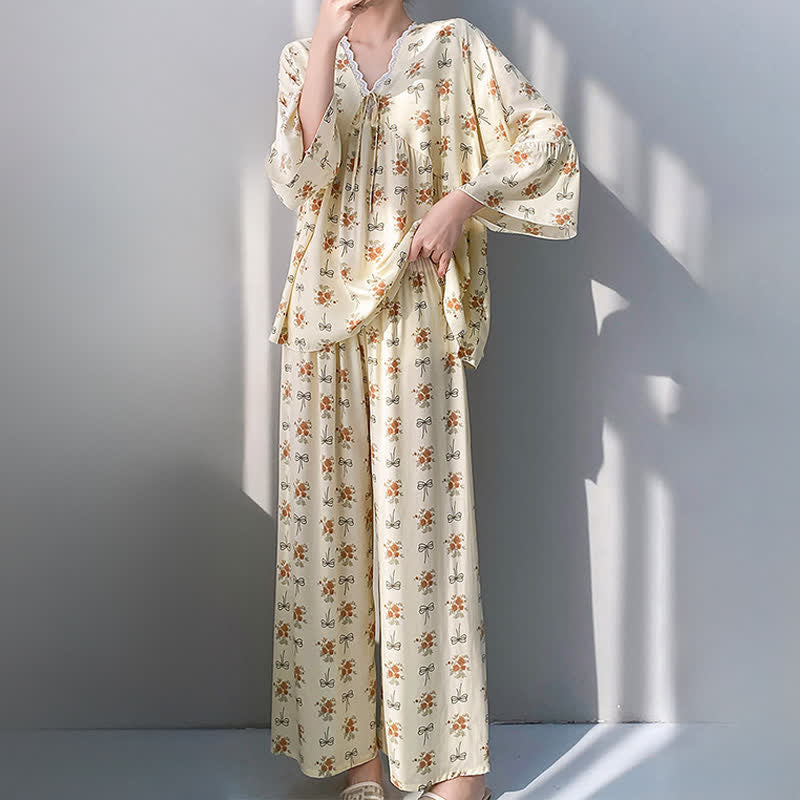 Rustic Floral & Bow Lace Trim Pajamas - image 3