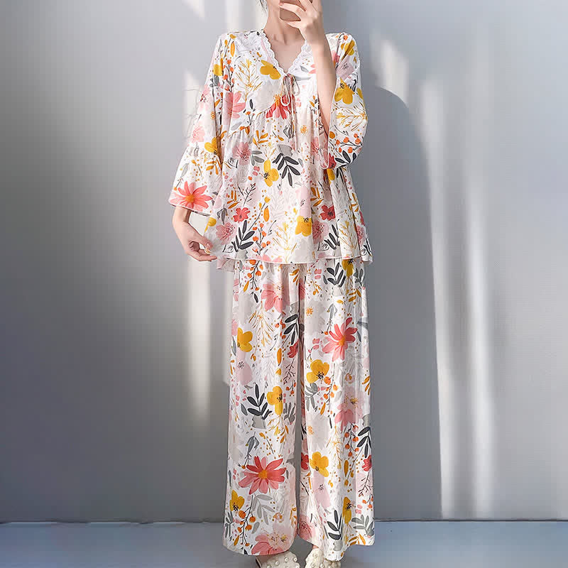 Floral & Leaf Lace Trim Pajama Set - image 3