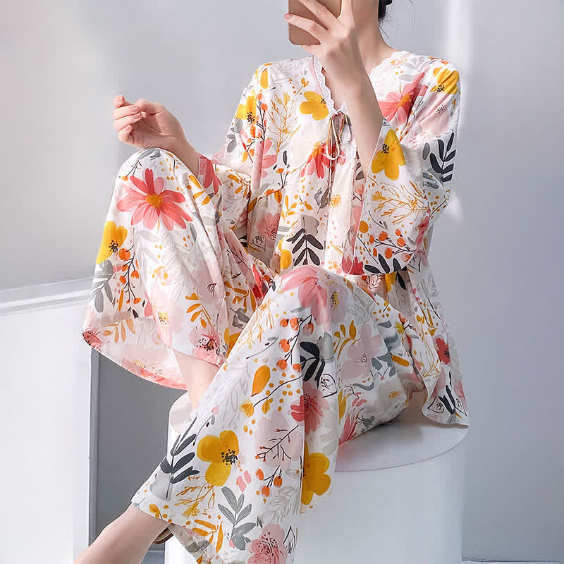 Floral & Leaf Lace Trim Pajama Set - image 2