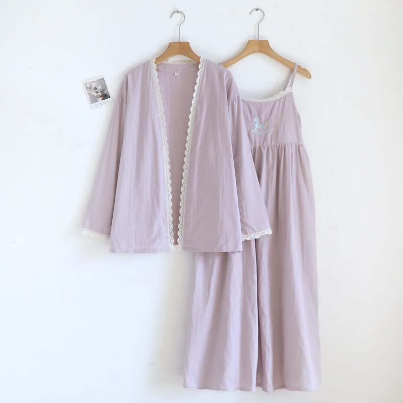 Pony Embroidery Camisole Nightdress & Cover-up Set - Purple - XL - image 0