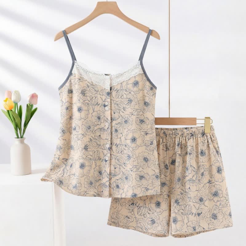 Artistic Line Floral Sleeveless Pajama Set - Beige - XXL - image 0