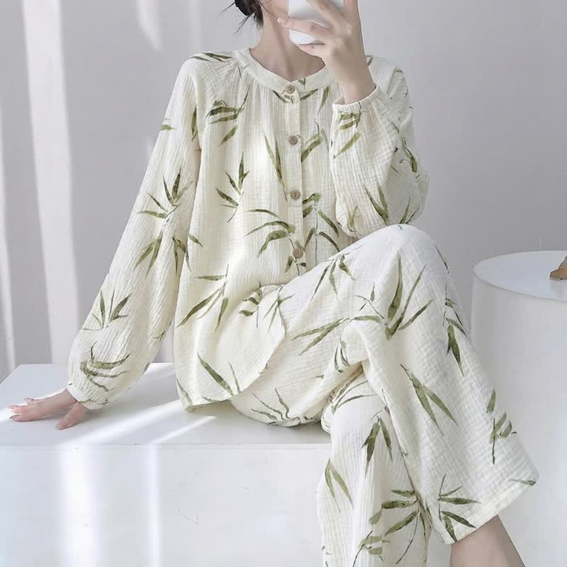 Botanical Bamboo Print Cotton Pajama Set - Beige - XL - image 0