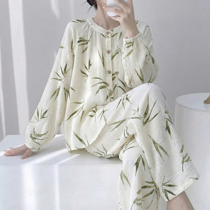 Botanical Bamboo Print Cotton Pajama Set - Beige - XL - image 0