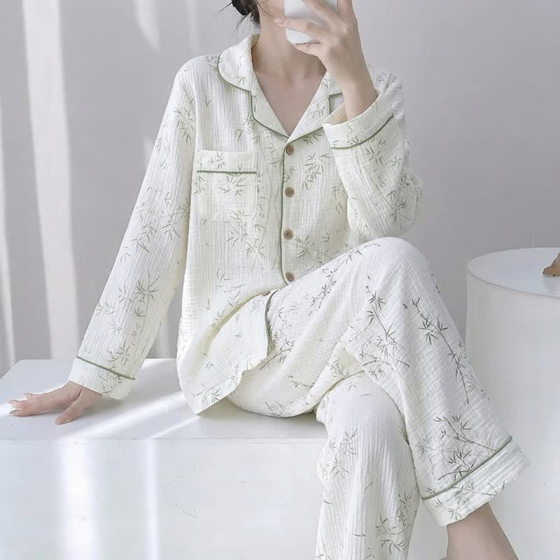 Bamboo Leaf Cotton Double Gauze Pajamas - Beige - XL - image 0