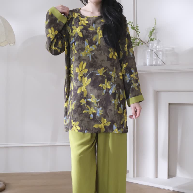 Retro Floral Eastern-Inspired Pajama Set - image 2