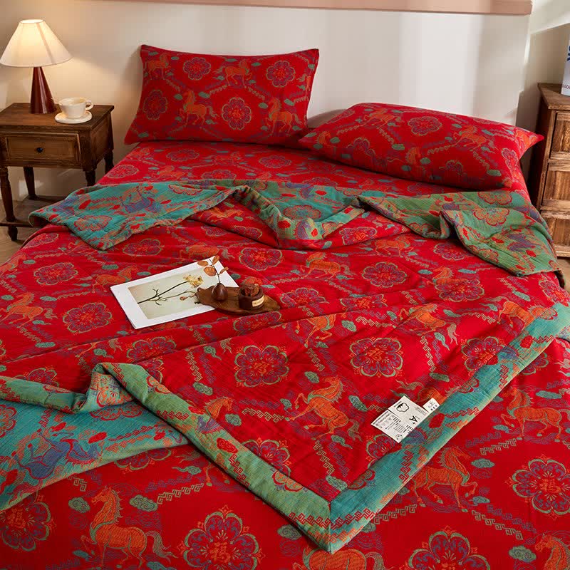 Cotton Gauze Vintage Horse Jacquard Quilt - image 5