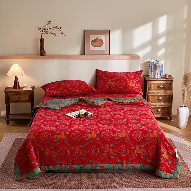 Cotton Gauze Vintage Horse Jacquard Quilt - image 1