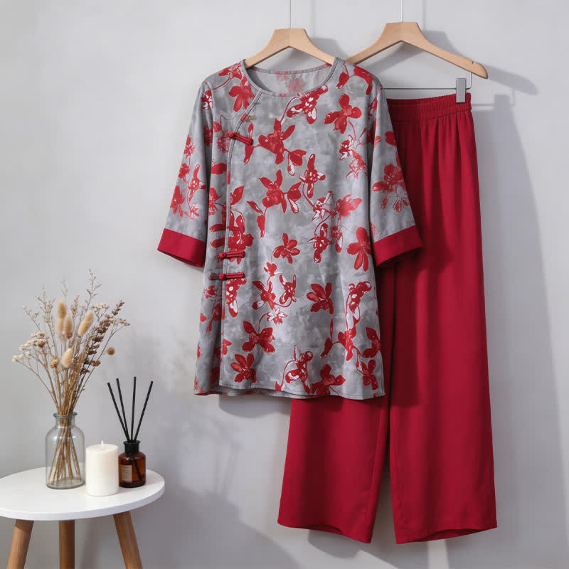Vintage Floral Eastern-Inspired Loungewear Set - Red - M - image 0
