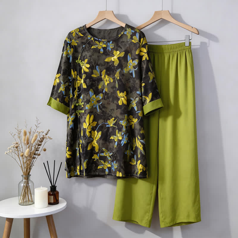 Retro Floral Eastern-Inspired Pajama Set - Green - M - image 0