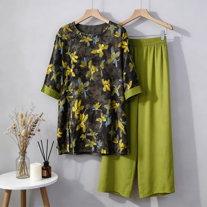 Retro Floral Eastern-Inspired Pajama Set - Green - M - image 0