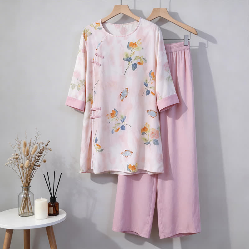 Butterfly & Floral Eastern-Inspired Loungewear Set - Pink - M - image 0