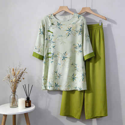 Elegant Bamboo Eastern-Inspired Loungewear Set - Green - M - image 0