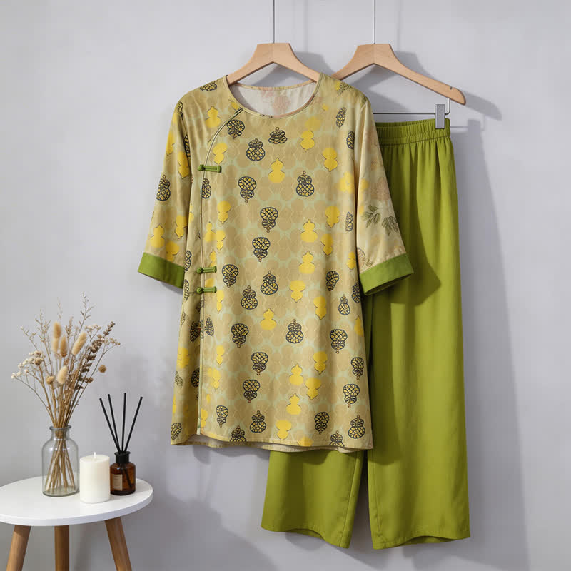 Gourd Print Eastern-Inspired Loungewear Set - Green - M - image 7