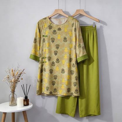 Gourd Print Eastern-Inspired Loungewear Set - Green - M - image 7