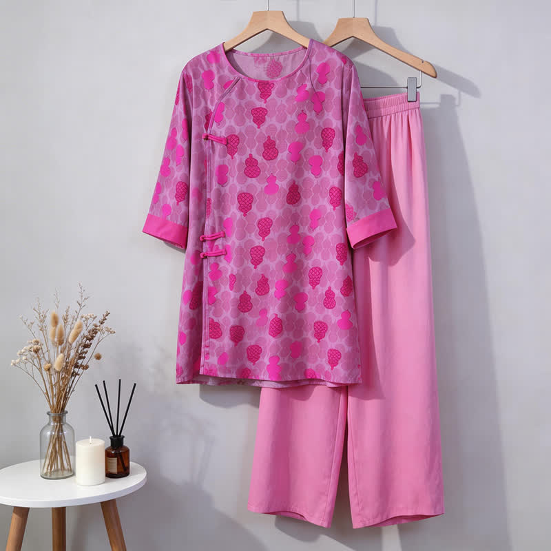 Gourd Print Eastern-Inspired Loungewear Set - Rose - M - image 0