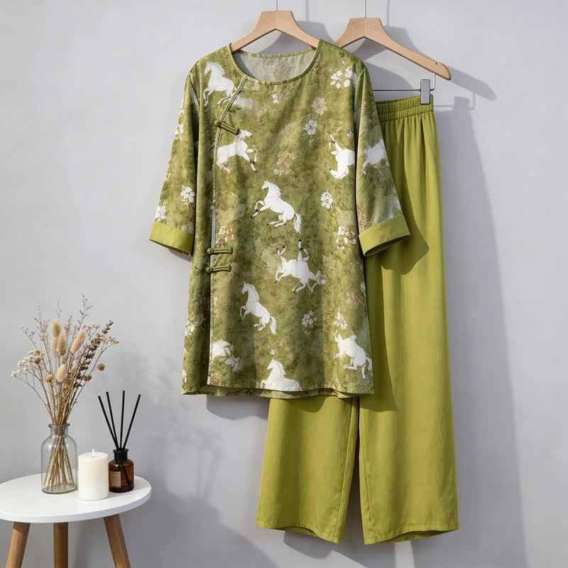 Horse Print Eastern-Inspired Loungewear Set - Green - M - image 0
