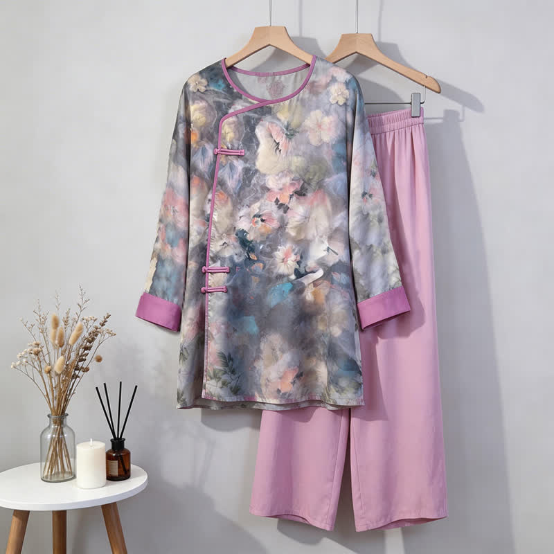 Artistic Floral Eastern-Inspired Loungewear Set - Light Gray - M - image 0