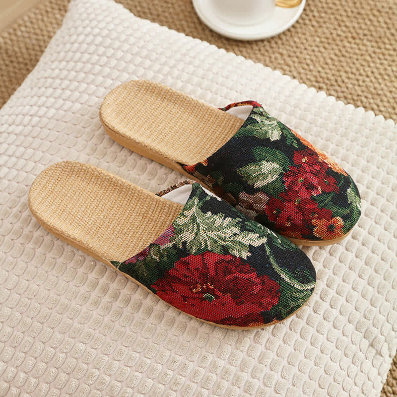 Bohemian Style Linen House Slippers - Black & Red - L - image 9