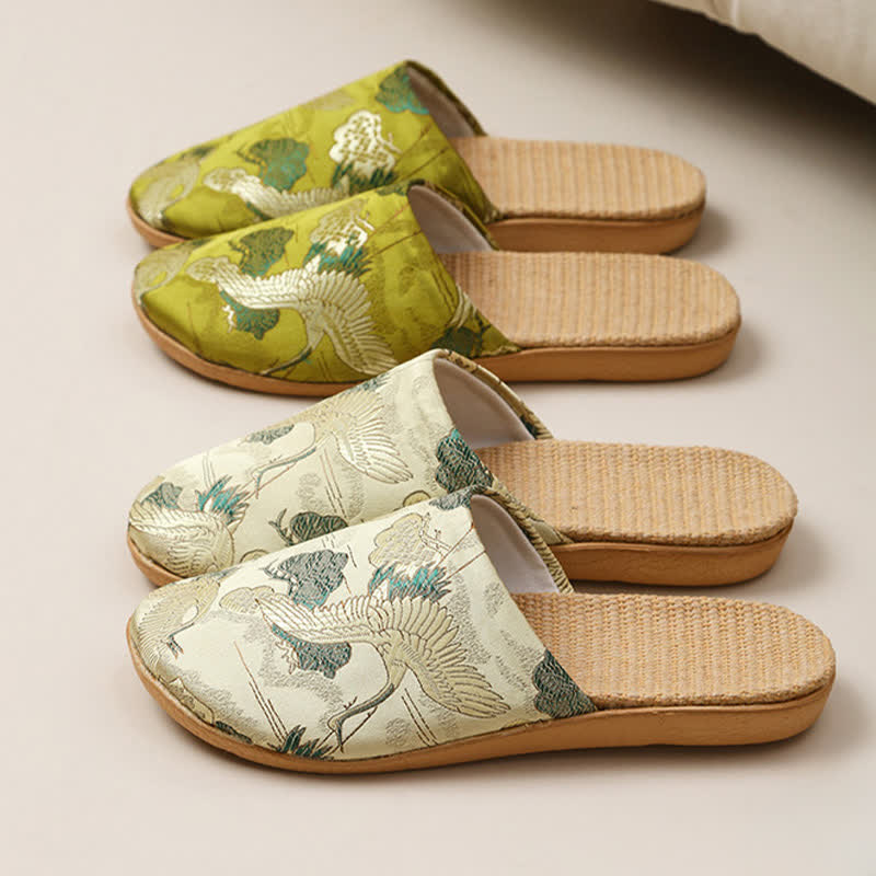 Oriental Style Crane Print Linen Slippers - image 2