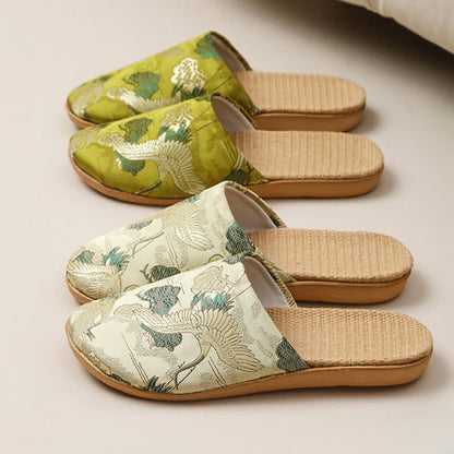 Oriental Style Crane Print Linen Slippers - image 2