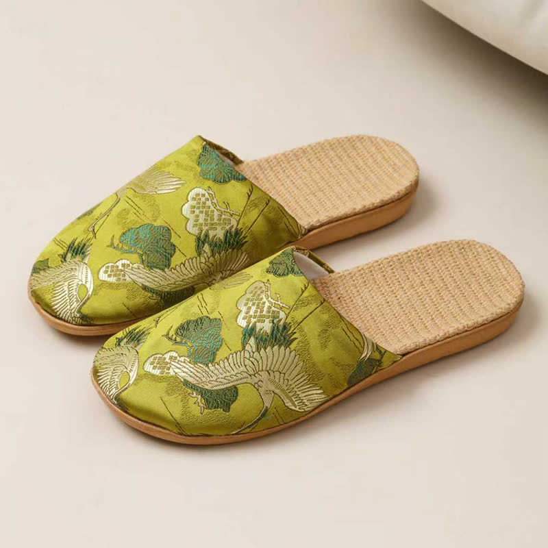 Oriental Style Crane Print Linen Slippers - Green - 3XL - image 3