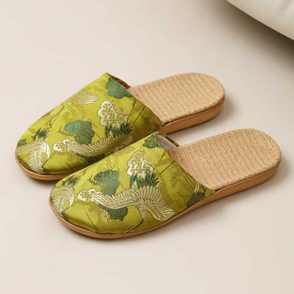 Oriental Style Crane Print Linen Slippers - Green - 3XL - image 3