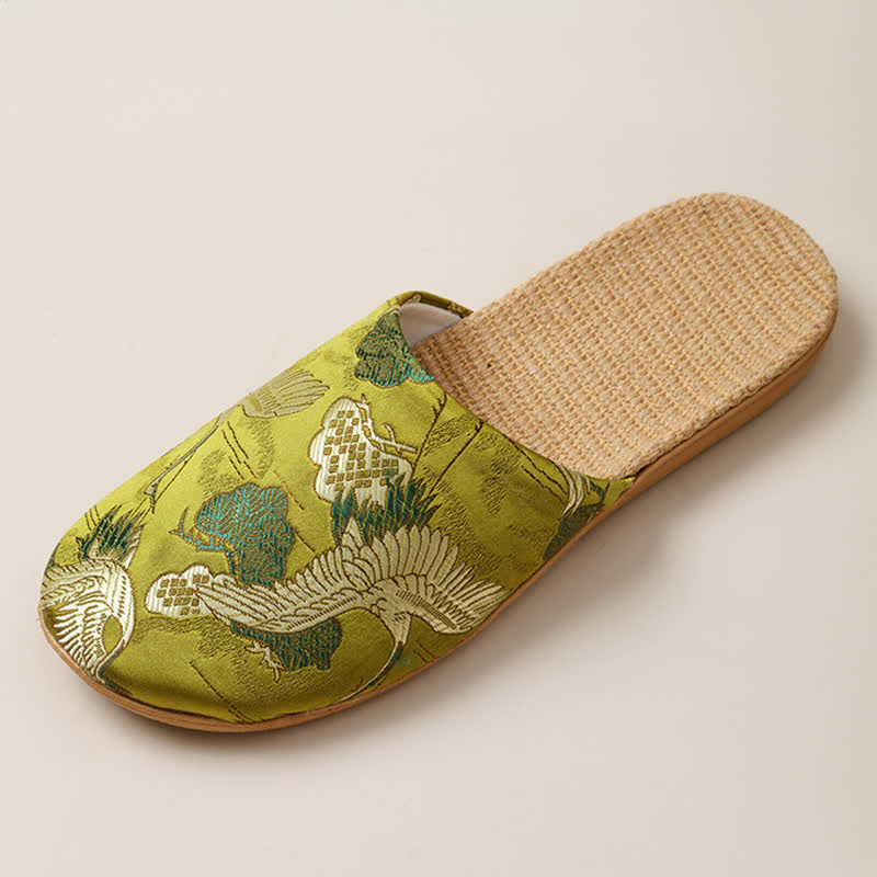 Oriental Style Crane Print Linen Slippers - image 4