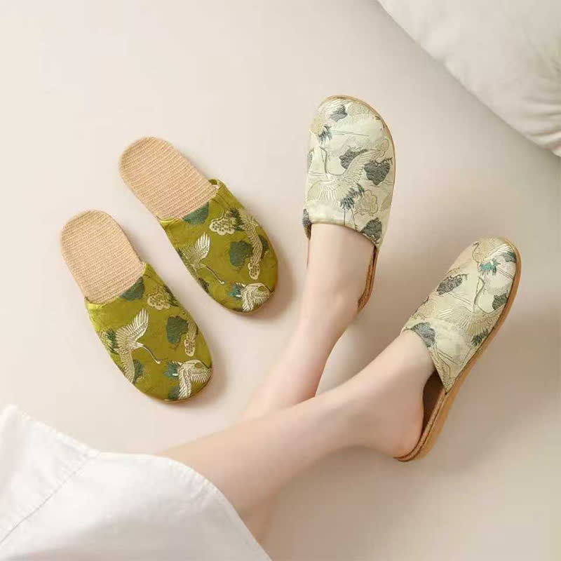 Oriental Style Crane Print Linen Slippers - image 1