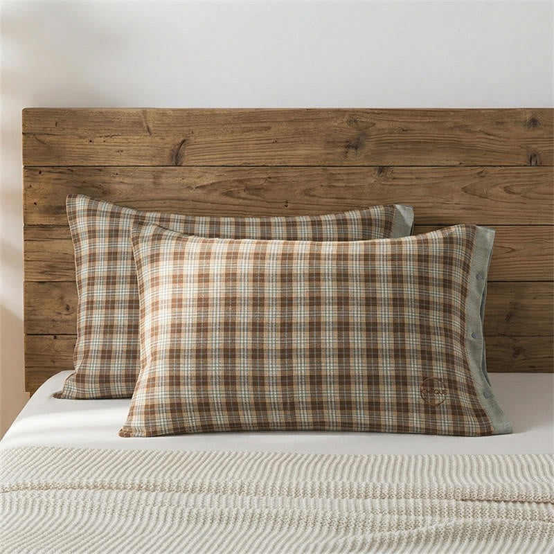 Vintage Plaid Button Cotton Pillowcases (2PCS) - Brown&Blue - 52cm x 76cm - image 0
