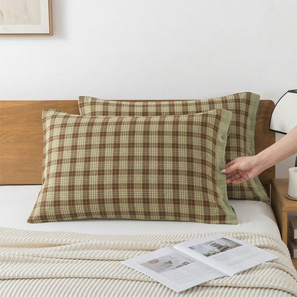 Vintage Plaid Button Cotton Pillowcases (2PCS) - Brown&Green - 52cm x 76cm - image 2