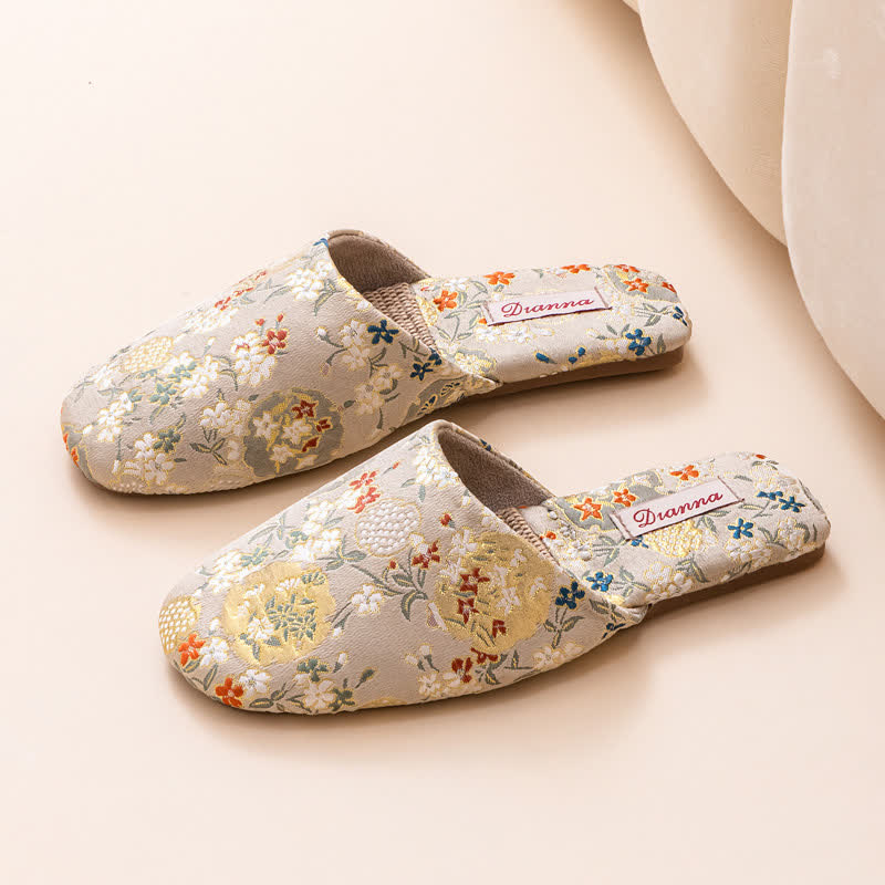 Chinoiserie Embroidered Satin House Slippers - Beige - L - image 11