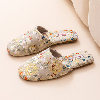 Chinoiserie Embroidered Satin House Slippers - Beige - L - image 11