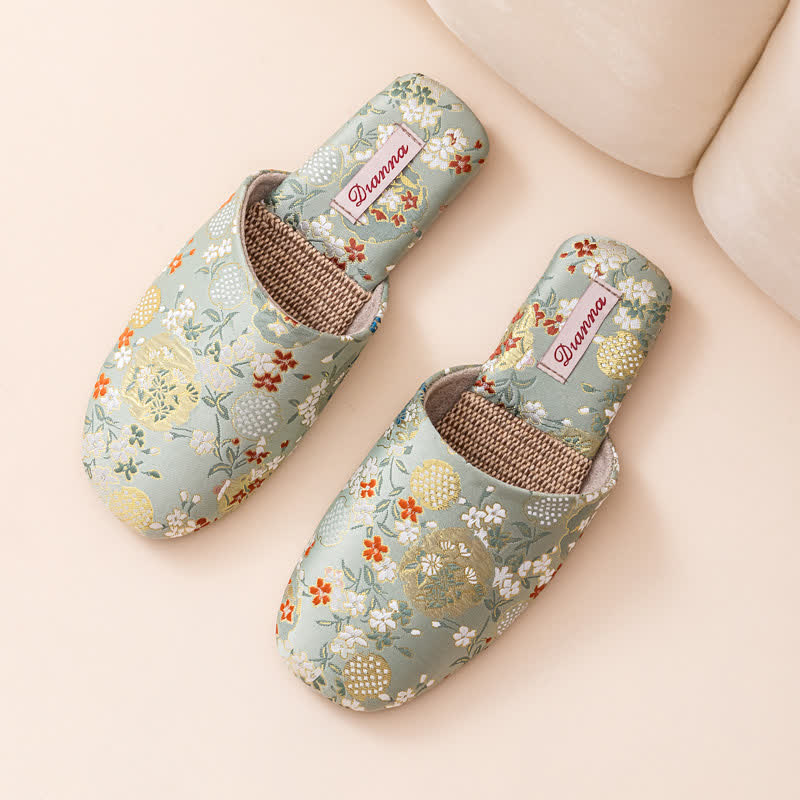 Chinoiserie Embroidered Satin House Slippers - Green - L - image 8